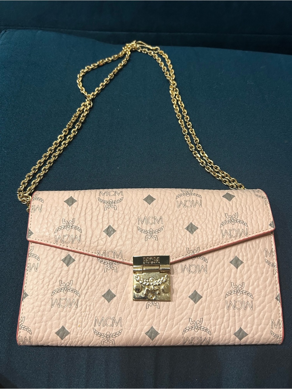 MCM Pink Visetos Gold-Chain Envelope Crossbody
